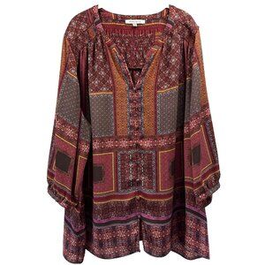 Rose & Olive Women's Top Plus 3X Colorful Dark Smocked Button Up 3/4 Sleeve